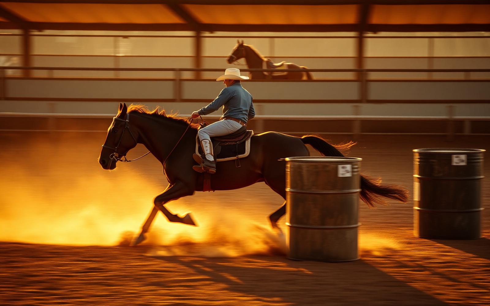 Golden hour barrel racing at the arena