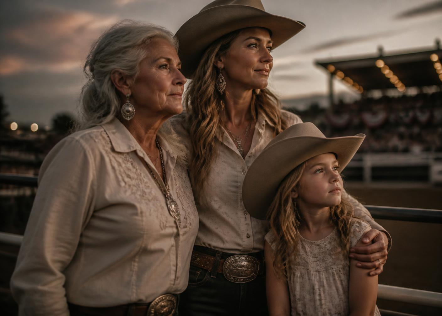 Three generations of western women together at the arena rail at dusk