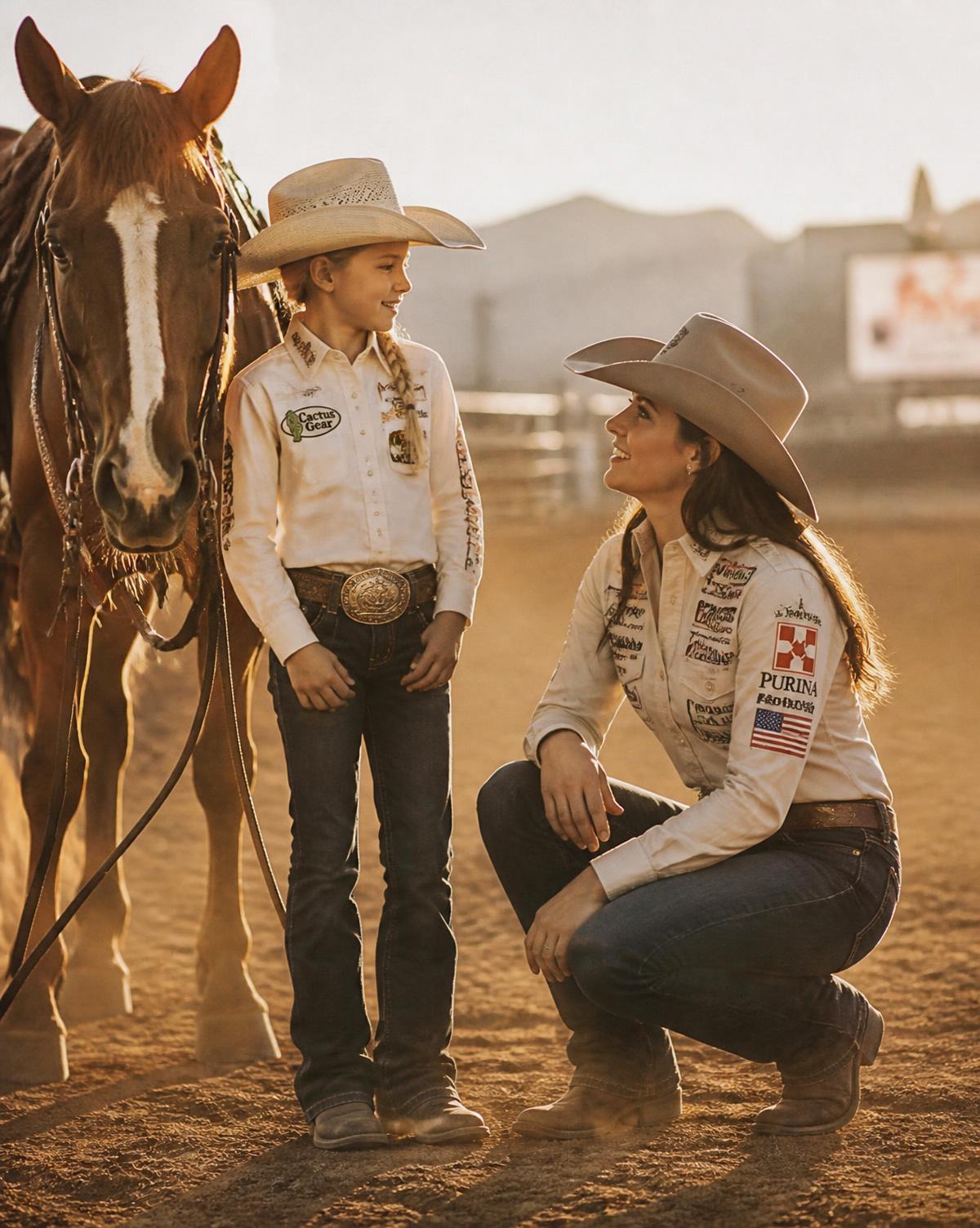 A young barrel racer speaking with a professional rodeo athlete at golden hour